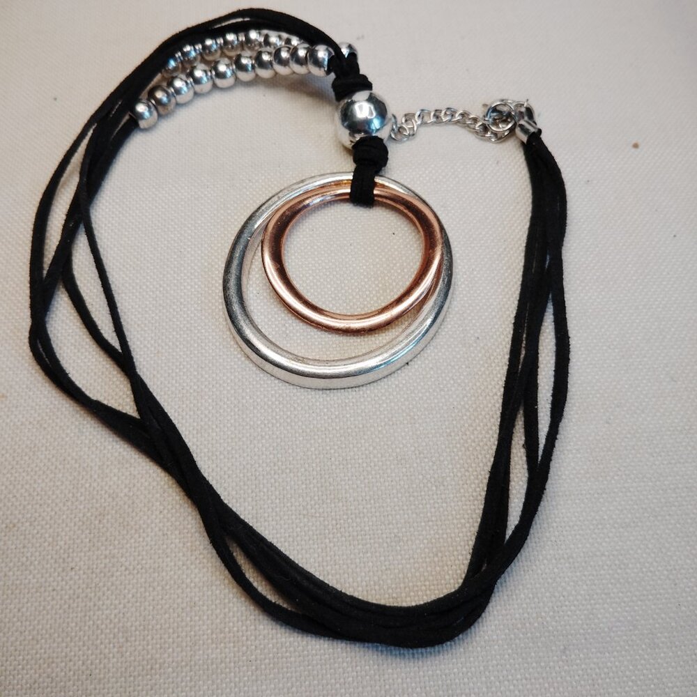 Dual Tone Stainless Steel Circle Pendant Necklace on Black Suede Cord